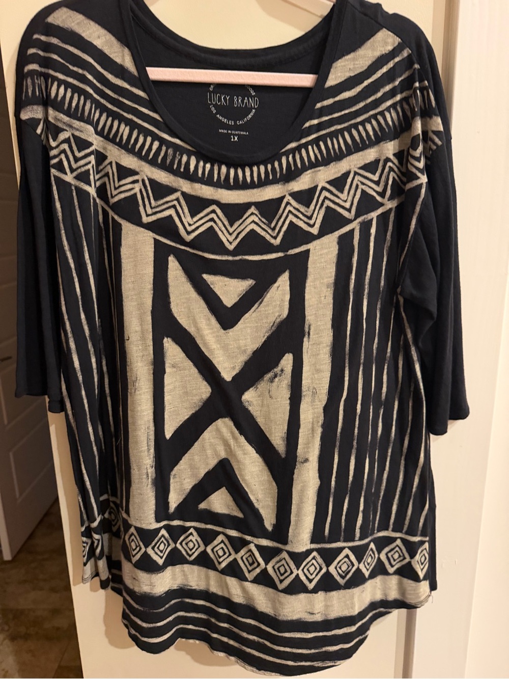 Lucky Brand Black and Cream Tribal Print Long Sleeve Top